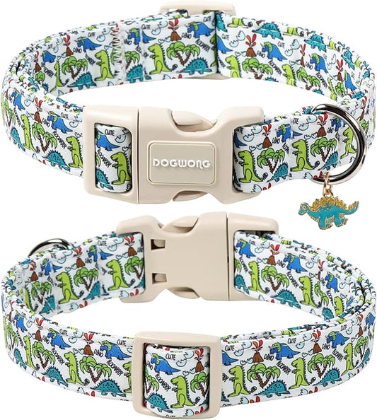 DOGWONG Dinosaur Dog Collar-Cute Green Dinosaur Dog Collar for Small Dogs, Adjustable Comfortable Cotton Boy Dog Collars for Small Medium Large Dogs,XL