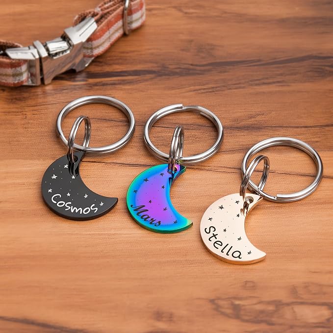 Anavia Small Size Dog Cat ID Tags, Small/XS Personalized Color Plated Stainless Steel Puppy Kitten Name Tags, Customized Engraved Nameplate Pet Collar Tag (Purple, Moon)