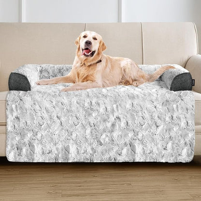 Calming Extra Large Dog Bed for Couch, 45 x 37 inch Removable Couch Cover for Dogs Washable, Non-Slip Fluffy Plush Dog Sofa Mat for Furniture Protector - Grey