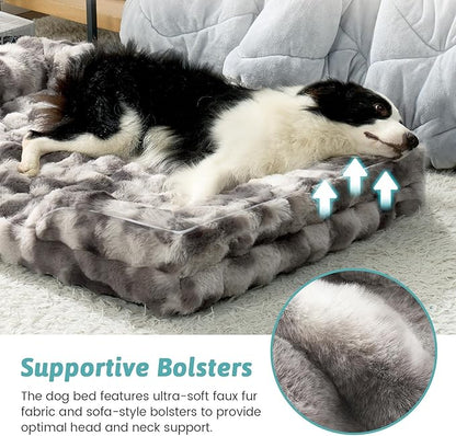 Self Warming Dog Bed for Large Size Dog, Faux Fur Orthopedic Puppy Sofa with Washable Removable Cover, Bolster Orthopedic Foam Bed for Pet Up to 100 lbs, XL 44x32x7 inch, Tie Dye Grey
