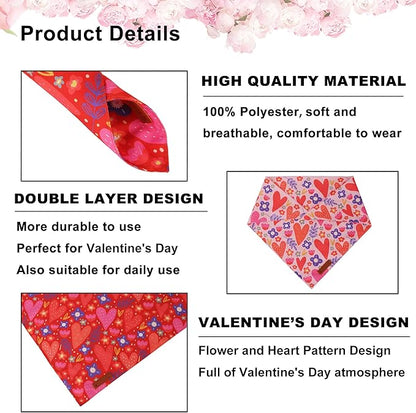 ADOGGYGO Valentines Dog Bandana 2 Pack, Heart and Floral Print Puppy Scarf Bib, Adjustable Fit Red Pink Valentines Bandanas for Small Dogs Pets (Small)