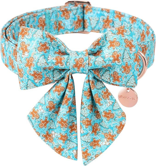 Christmas Dog Collar with Bow Tie,Adjustable Gingerbread Pet Collar,Chriatmas Puppy Bowtie Collar for Small Medium Large Dogs,L,Neck 16-24in
