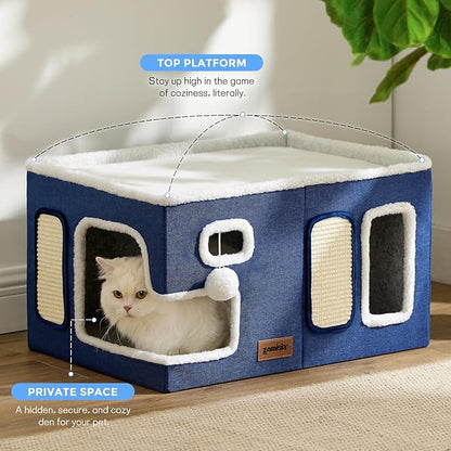 Heated Cat House for Indoor Cats - Large Cat Warming Bed for Winter with Fluffy Ball Hanging and Adjustable Heating Pad, Foldable Cat Hideaway,23x16.5x13 inches, Green