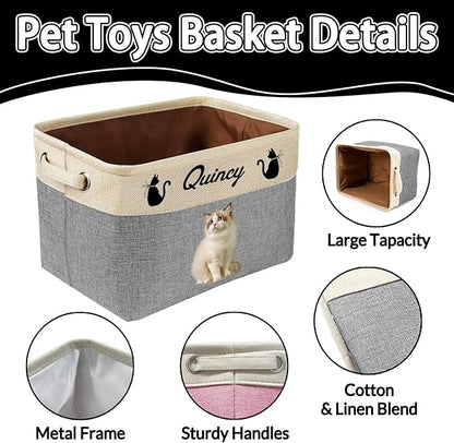 Personalized Dog Toy Storage Basket Custom Dog Name Photo Cat Pet's Gift Baskets Collapsible Organizer Box Foldable Storage Basket with Handle for Toys, Coats, Clothing, Blankets, Pink