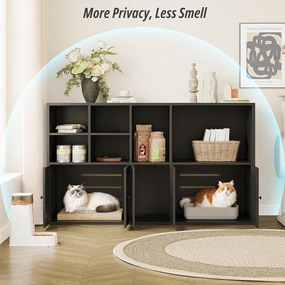 IRONCK Cat Litter Box Enclosure for 2 Cats, Litter Box Furniture Hidden with Double Room and Large Storage Space, Wooden Washroom Furniture, Cat House, Black