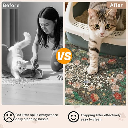 Bienbee Cat Litter Mat, 33" x 22" Large Size Litter Box Mat Rug with Non-Slip Bottom,Urine and Water Proof, Easy to Clean Cat Supplies Essentials for Indoor Kitty Kitten Floor,Green Flowers L