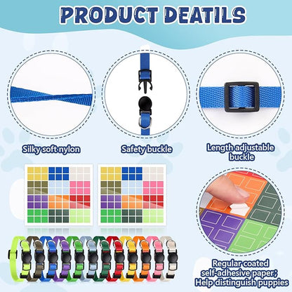 Puppy Whelping Supplies Kit Include 12 Puppy Shot Record Booklets 6 Record Keeping Charts 12 Coloured Soft Nylon Puppy Id Collars Newborn Adjustable Breakaway with 2 ID Sticker Identification Pets
