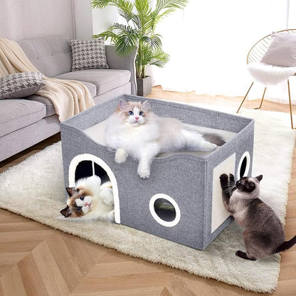 Heeyoo Cat House for Indoor Cats - Large Cat Bed Cave with Fluffy Ball and Scratch Pad, Foldable Cats Houses & Condos, Cat Hideaway, Covered Kitty Bed for Multi Small Large Kitty, 23.8x15.9x13.2 Inch