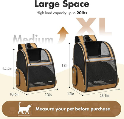 Pet Backpack Carrier, Large Cat Carrier Backpack Up to 20 Lbs with Breathable Mesh, for Medium Large Cats or Small Dogs, Travel Hiking Camping Backpack (Brown-XL)