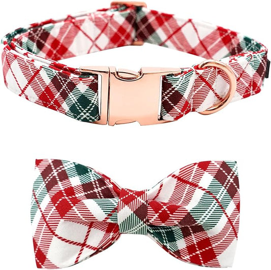 Dog Collar, Christmas Dog Collar Plaid Pet Collar Bow Holiday Bows Girl Boy Puppy Collar Adjustable Pet Collar for Large Dogs