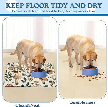 Vintage Mushroom Floral Dog Cat Food Mat–Christmas Stocking Absorbent Waterproof Placemat for Food and Water Bowls, Non Slip Rubber Backing, Feeding Mat for Clean Floors 16"x24"
