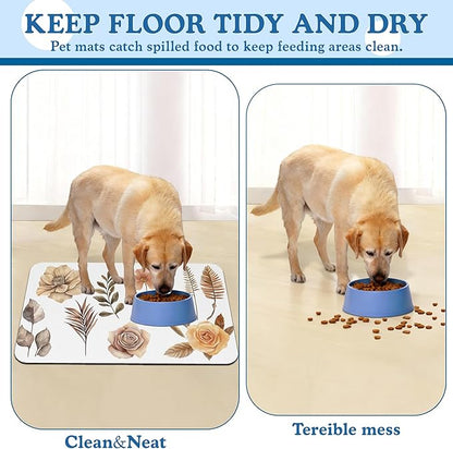 Floral Palm Leaves Dog Cat Food Mat–Christmas Stocking Absorbent Waterproof Placemat for Food and Water Bowls, Non Slip Rubber Backing, Feeding Mat for Clean Floors 16"x24"