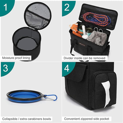 Dog Travel Bag by Modoker - Dog Travel Kit for a Weekend Away Set Includes Pet Travel Bag Organizer for Accessories, 2 Collapsible Bowls, 2 Travel Food Container (Black)