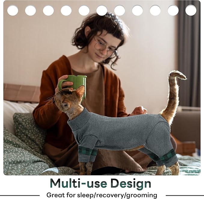 PUMYPOREITY Easy-On Cat Shirt, Soft Stretchy Cat Sweater with Back Snap for Easy Wear, Breathable Recovery Suit for Surgery Recovery, Lightweight Pajamas for All-Day Wear, M, Grey