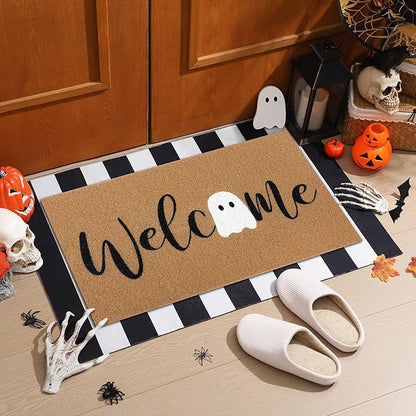 Tinideya 2 Pcs Door Mat Welcome Non Slip Coir Mats Floor Layering Doormats Seasonal for Front Porch Entryway Decor(White Ghost)
