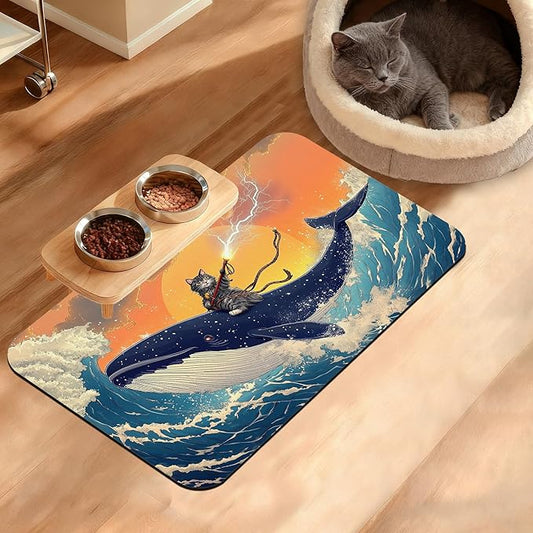 Dog Bowl Mat,Cat Shark Pet Feeding Mat for Floors Waterproof,Ocean Wave Absorbent Dogs Placemat for Food and Water Quick Dry Pet Cat Feeding Mats with Non Slip Bottom 12" x 20"