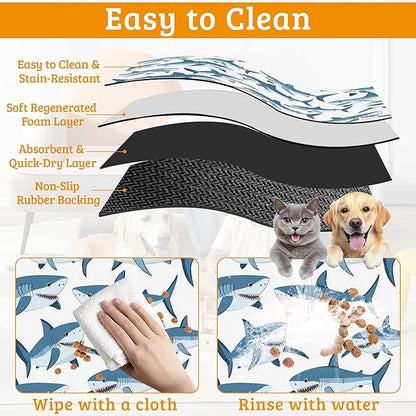 Shark Dog Food Mat,Wild Fish Absorbent Pet Feeding Mat for Food and Water Bowl,Quick Dry Dog Placemat Non Slip Rubber Backing Waterproof Pet Supplies 12" x 20"