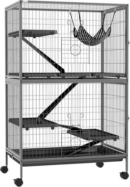 PawHut 50" 5-Tier Small Animal Cage, Ferret Cage, Large Chinchilla Cage with Hammock Accessory & Heavy-Duty Steel Wire, Small Animal Habitat with 4 Doors, Removable Tray, Gray