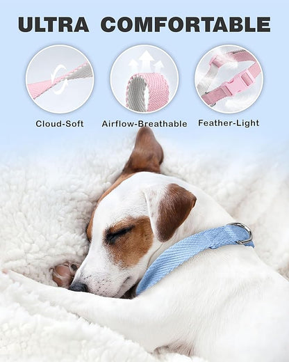 Dynmeow Soft and Breathable Cotton Dog Collar, Durable Adjustable Boy Pet Collar with Quick-Release Buckle, Lightweight for Sensitive Skin for Puppies and Extra-Small Dogs, Light-Blue, Xs