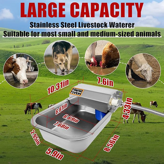 Automatic Dog Water Dispenser 1 Gal/3.8L Outdoor Dog Water Bowl Auto-Fill Water Feeder Stainless Steel Large Livestock Waterer Fit 3/4" GHT Faucet Wide Mouth Wall/Ground Mount
