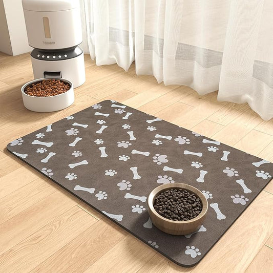 MontVoo Dog Food Mat-Pet Feeding Mat for Food and Water-No Stains Quick Dry Dispenser Cat Bowl Mat for Messy Drinkers(17"x28" Brown)