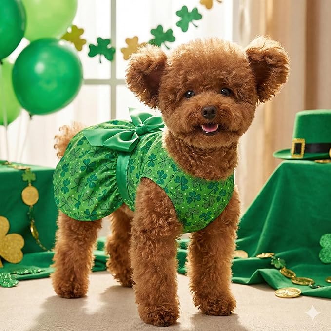 St. Patrick's Day Dog Dress Custom Name Puppy Outfit with Clover Cute Pet Skirt for Small Dogs & Cats
