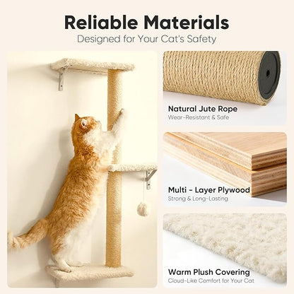 FUKUMARU Cat Wall Shelves, Stable & Safe 4 in 1 Large Cat Walls Furniture Set, Wooden Kitten Climbing Wall with Scratching Post for 16 Inch Drywall - Beige