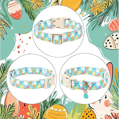 Easter Dog Collar for Large Dogs - Cute Easter Egg Hunt Dog Collars for Boy Girl Dogs, Playful Bunny & Chick Print, Lightweight Adjustable Spring Holiday Dog Collar L