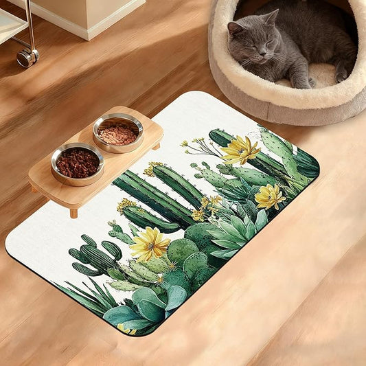 Tropical Cactuses Feeding Mat,Blooming Succulents Absorbent Quick-Dry Cat Dog Food and Water Bowl Mats,Non-Slip Rubber Backing Mat,Cat Dog Accessories Supplies 12" x 20"