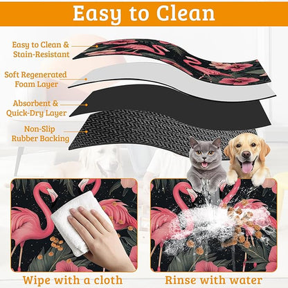Pet Feeding Mat,Pink Flamingo Absorbent Dog Cat Food Mat Palm Leaves Dog Mat with Rubber Backing,Non-Slip Water Bowl Placemat,Pet Supplies 16" x 24"