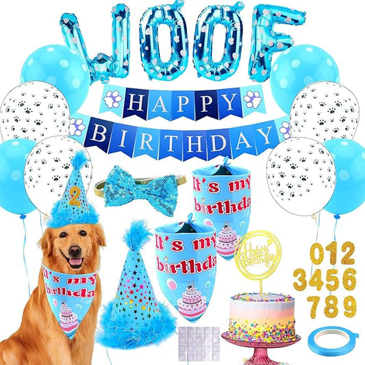 Dog Birthday Party Supplies, Adjustable Dog Bandana Set with Hat, Banner, Balloons and Bow Tie for Party Decorations Festive Accessories Party Photos & Celebrations- Large Medium Small Pet Puppy Dogs