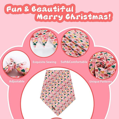 Christmas Dog Bandana–Pink Christmas Tree Triangle Scarf for Small Medium Large Dogs, Soft Cotton Pet Bib for Winter & New Year, Adjustable Dog Kerchief