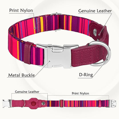 AirTag Dog Collar for Small Medium Large Breed - Adjustable Cute Pattern Dog Collar with Airtag Holder - Soft Leather Tracker GPS Apple Air Tag Pet Collars (X-Large, 20"-25" Neck Fit, Striped)