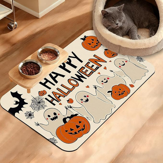 Pumpking Bat Dog Cat Food Mat,Halloween Absorbent Waterproof Placemat for Food and Water Non Slip Rubber Backing Durable Feeding Pad for Clean Floors 16" x 24"