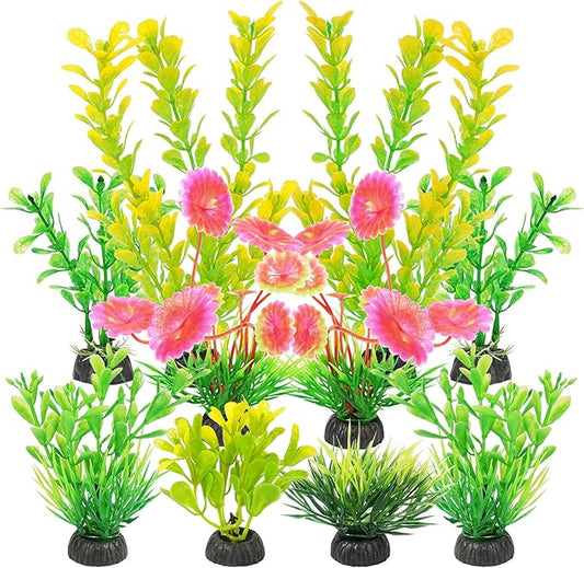 AQUANEAT Artificial Fish Tank Plants, Plastic Aquarium Decorations, Yellow Accessories, 10pcs