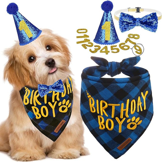 EXPAWLORER Dog Birthday Party Supplies - Dog Birthday Bandana Scarf and Party Hat with Numbers Boy Girl Pet Bow Tie, Cute Outfit for Small Medium Large Dogs (Small)
