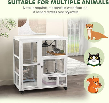 PawHut Indoor Wooden Catio, Cat House Cat Enclosure on Wheels with 3 Platforms, Hammock, Cat Flap Door & Openable Top, Luxury Kitty House for 2 Cats, 39", White