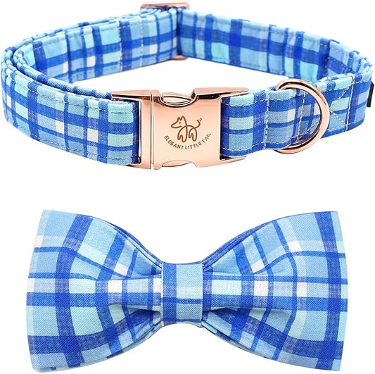 Elegant little tail Dog Collar with Bow - Blue Plaid Boy Dog Collar Cute Bowtie Pet Collar Adjustable Dog Collar for X-Large Dog