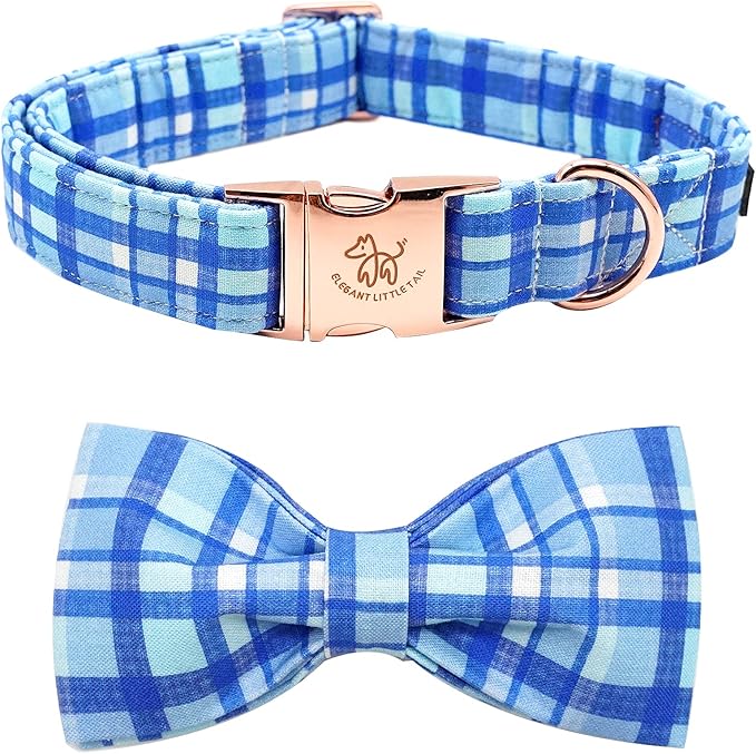 Elegant little tail Dog Collar with Bow - Blue Plaid Boy Dog Collar Cute Bowtie Pet Collar Adjustable Dog Collar for Large Dog