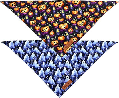 Realeaf Halloween Dog Bandanas 2 Pack, Pumpkins and Ghosts Pet Scarf for Boy and Girl, Premium Durable Fabric, Holiday Bandana for Medium and Large Dogs Pets (Large)