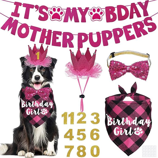 Dog Birthday Decorations, Multi Sizes Dog Birthday Bandana Girl Dog Birthday Hat Crown Bow Tie Birthday Numbers It’s My Bday Mother Puppers Sign Banner for Medium Large Dogs Pets (Pink, Large)