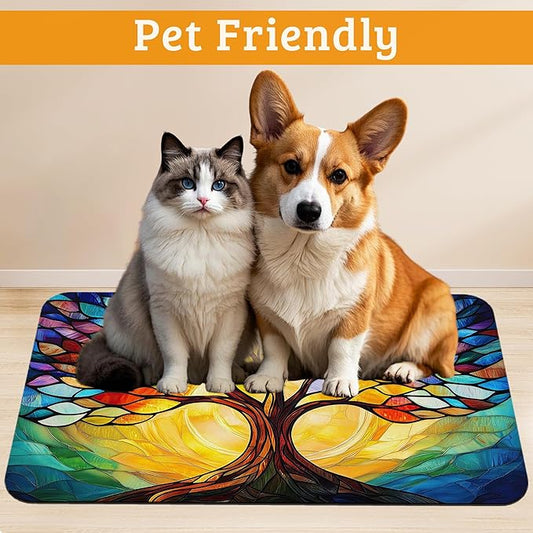 Tree of Life Feeding Mat,Colorful Tree Absorbent Quick-Dry Cat Dog Food and Water Bowl Mats,Non-Slip Rubber Backing Mat,Cat Dog Accessories Supplies 12" x 20"