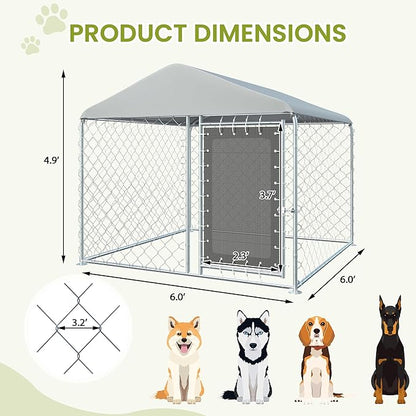 6FT x 6FT Outdoor Dog Kennel with Roof, Outside Dog Run Fence, Large Dog House Pen Enclosure with Secure Lock&Textilene Door