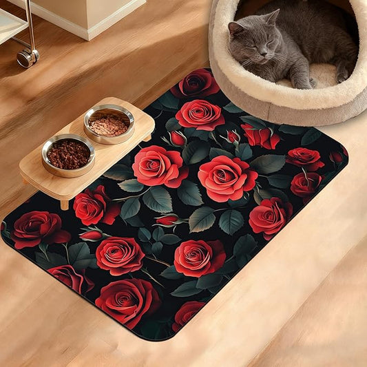 Retro Rose Feeding Mat,Green Leaf Absorbent Quick-Dry Cat Dog Food and Water Bowl Mats,Non-Slip Rubber Backing Mat,Cat Dog Accessories Supplies 16" x 24"