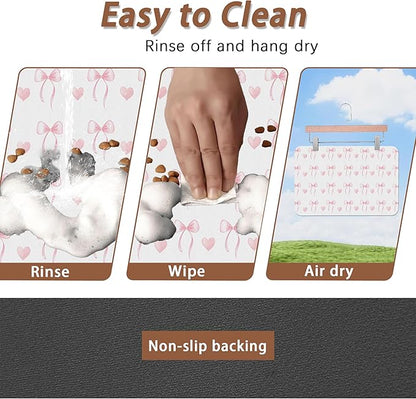 Cute Pink Bow Dog Food Mat for Floors,Heart Absorbent Pet Food and Water Bowl Mats,Non-Slip Pet Feeding Mat,Pet Supplies 16" x 24"