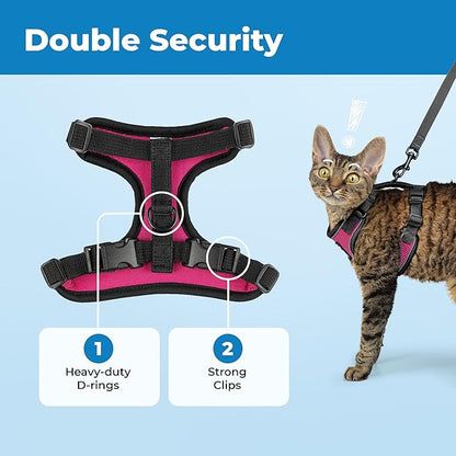 Voyager Escape-Proof Step-in Lock Cat Harness & 5ft Neoprene-Handle Leash Set All-Weather Mesh with Reflective Stitching for Small to Large Cats by Best Pet Supplies, Black Trim-Fuchsia (327), S