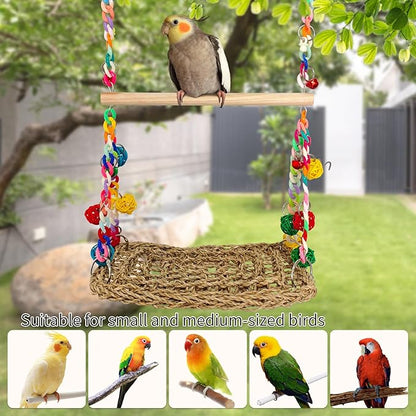 Natural Bird Swing Toys with Wood Perch,Double Layer Bird Seagrass Woven Climbing Hammock with Chewable Perch Stand Chewing Toy for Parakeets,Budgies,Conures,Cockatiels,Lovebirds