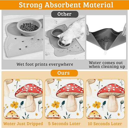 Pet Feeding Mat,Mushroom Absorbent Dog Cat Food Mat Flowers Dog Mat with Rubber Backing,Non-Slip Water Bowl Placemat,Pet Supplies 12" x 20"