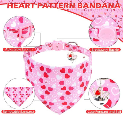 EXPAWLORER Valentines Cat Collar Breakaway with Bells - 2 Pack Holiday Cat Collars with Removable Bow Tie and Bandana, Adjustable Valentines Day Pet Collar for Cats Kittens, Pink Heart
