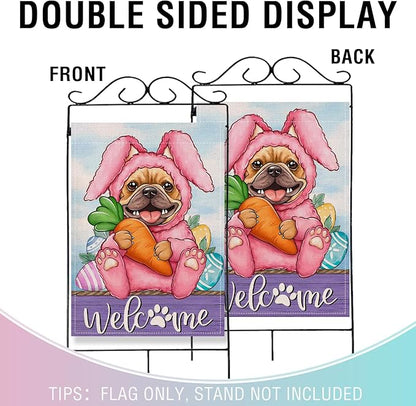 Artofy Welcome Easter Bunny Dog Large Decorative House Flag, French Bulldog Rabbit Yard Garden Outside Decor Pet Owner Lover Gift, Spring Carrot Egg Burlap Outdoor Home Decoration Double Sided 28 x 40